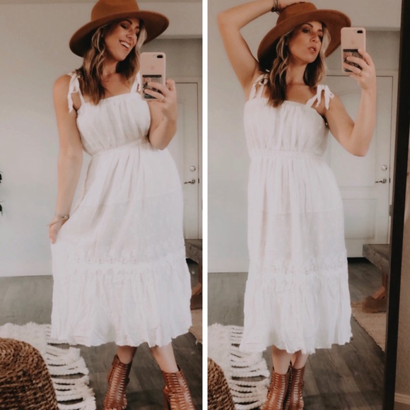 Soft White LACE MIDI Dress w/tie straps - Picture 2 of 8